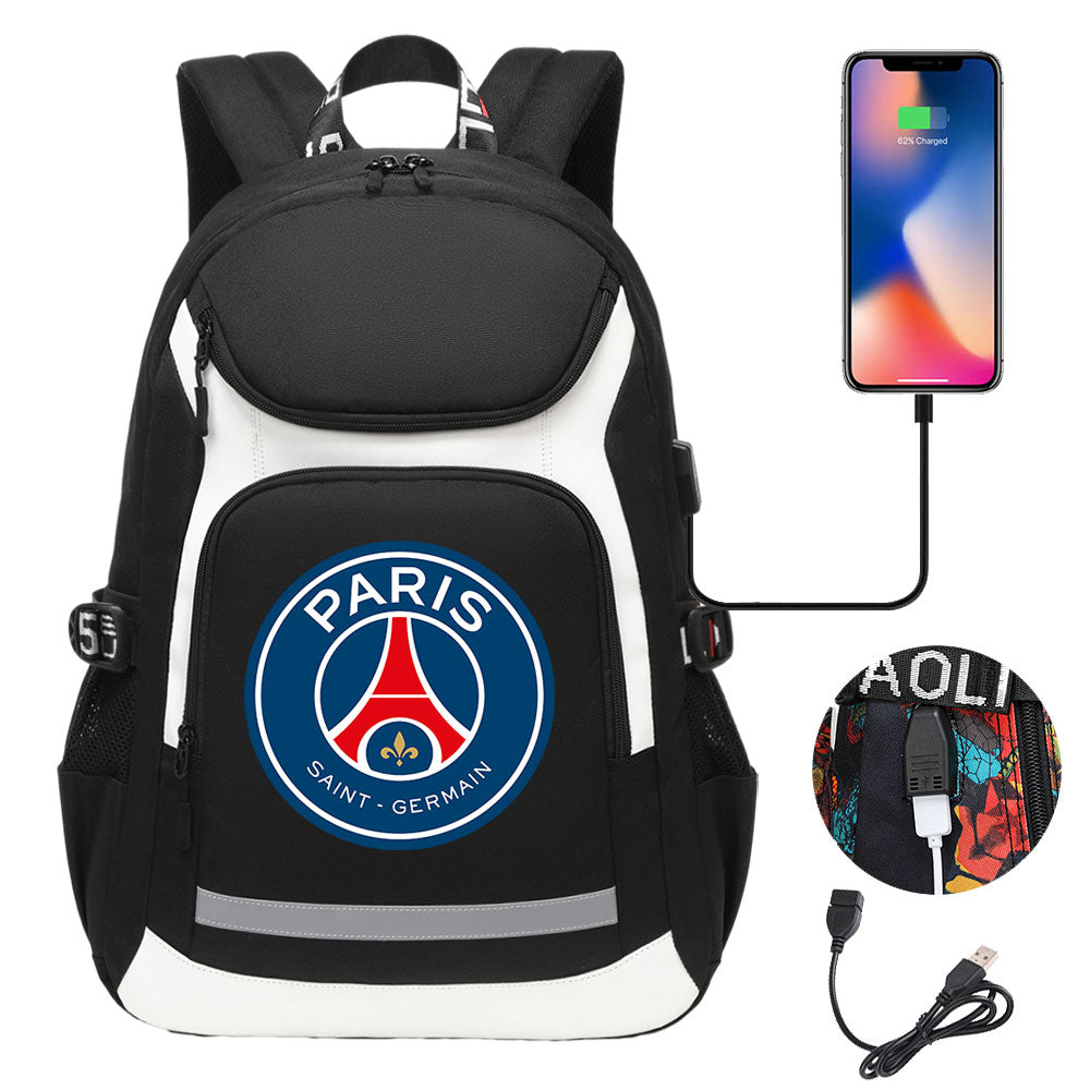 Paris Saint Germain Football Club USB Charging Backpack School Notebook Travel Bags