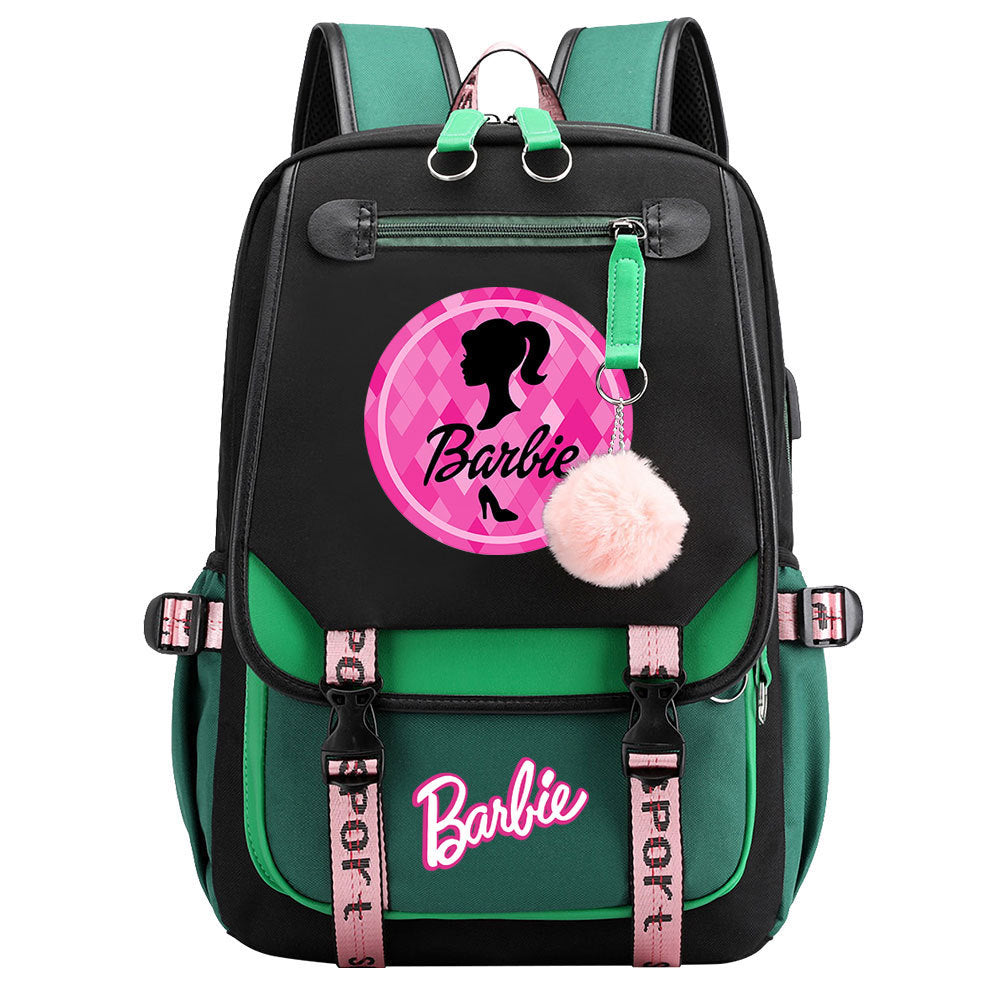 Pink Barbie  Waterproof Backpack School Notebook Travel Bags USB Charging