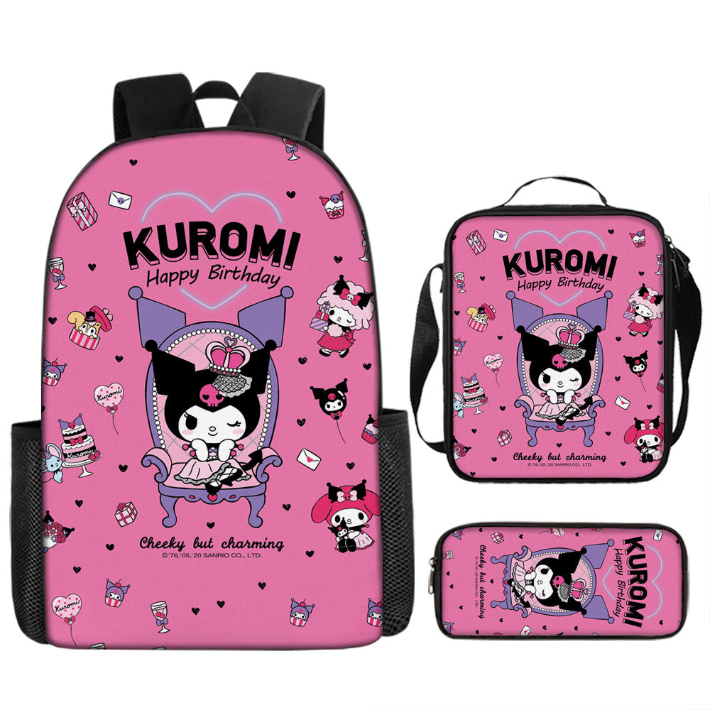 Kuromi Full Printed Backpack Schoolbag Travel Notebook Bag Lunch Bag Pencil Bag for Kids Students 3PCS