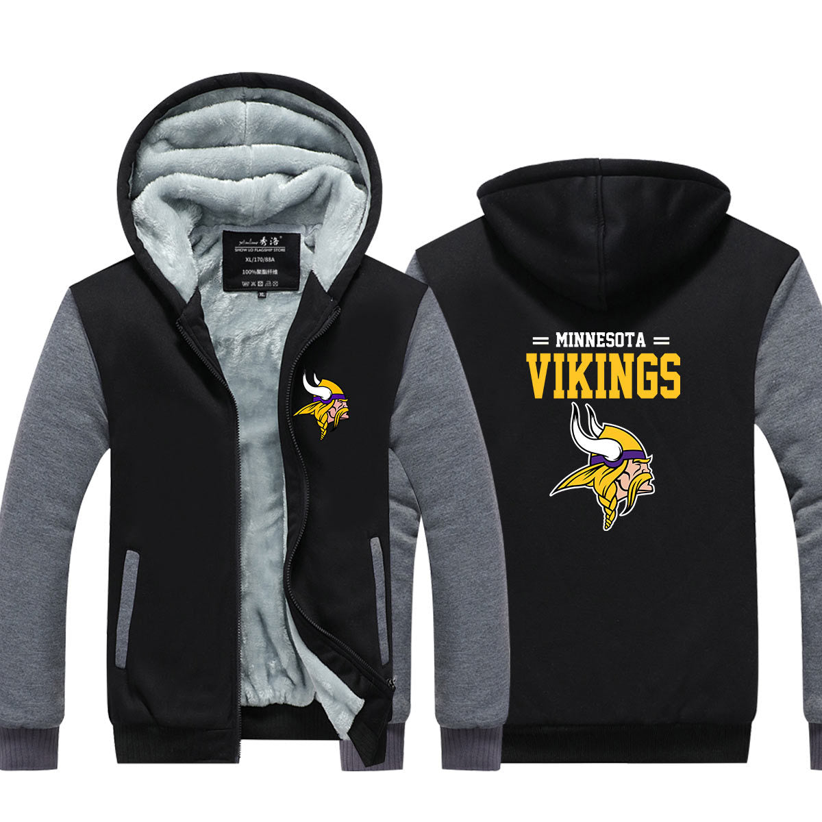 Minnesota Football Vikings Unisex Lined Hoodie Fleece Sweatshirt Full Zipper Hooded Thicken Jacket