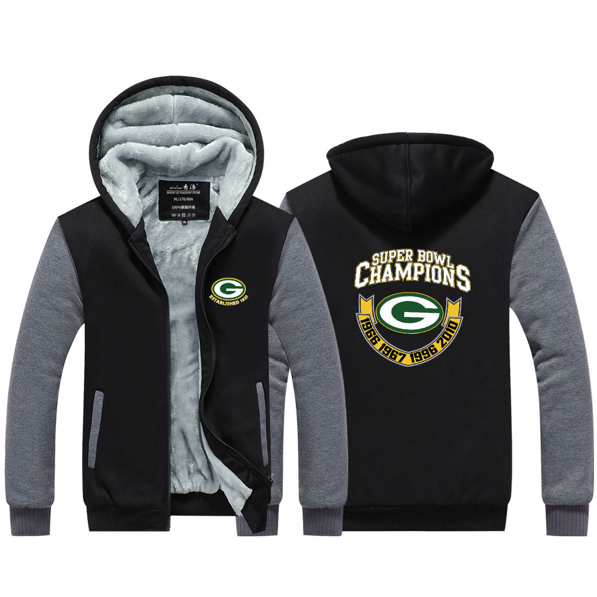 Green Bay Football Packers  Unisex Lined Hoodie Fleece Sweatshirt Full Zipper Hooded Thicken Jacket