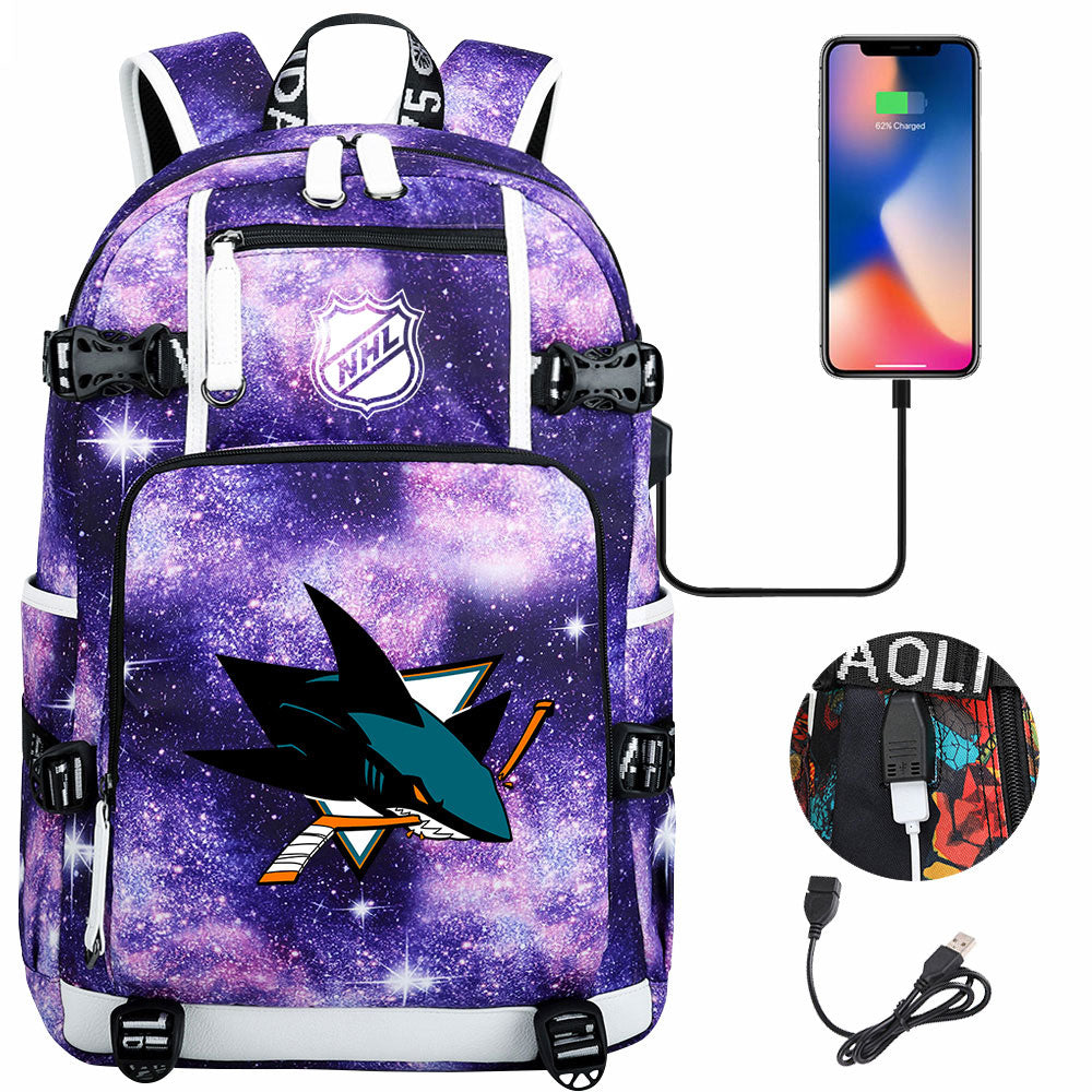 San Jose Sharks Hockey League USB Charging Backpack School Notebook Travel Bags