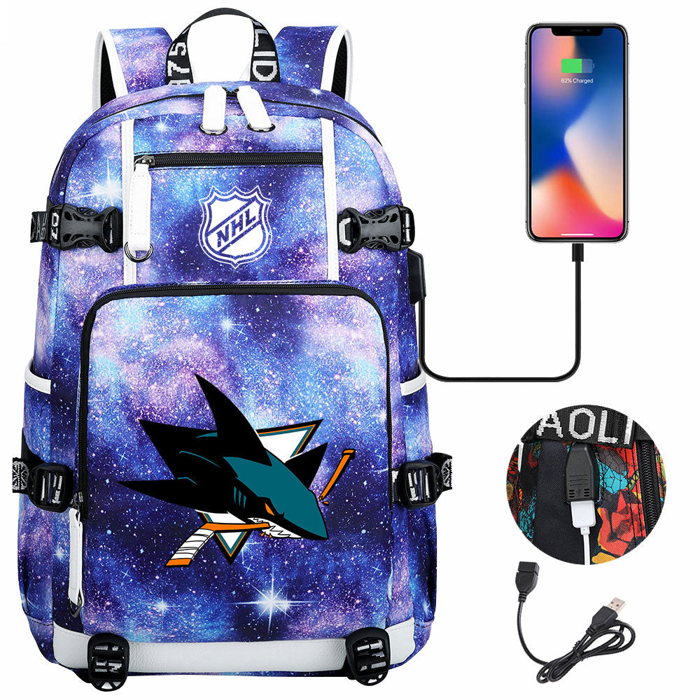 San Jose Sharks Hockey League USB Charging Backpack School Notebook Travel Bags