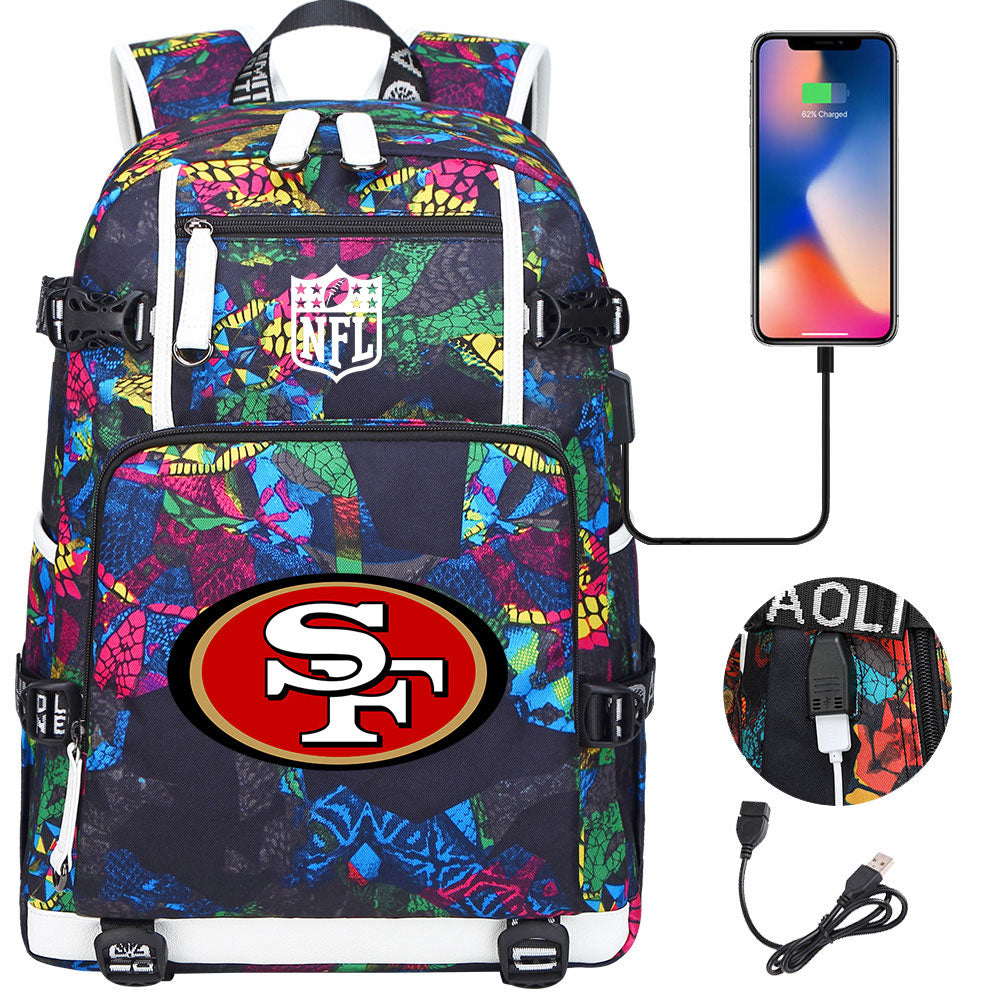 San Francisco 49ers Football Team USB Charging Backpack School Notebook Travel Bags