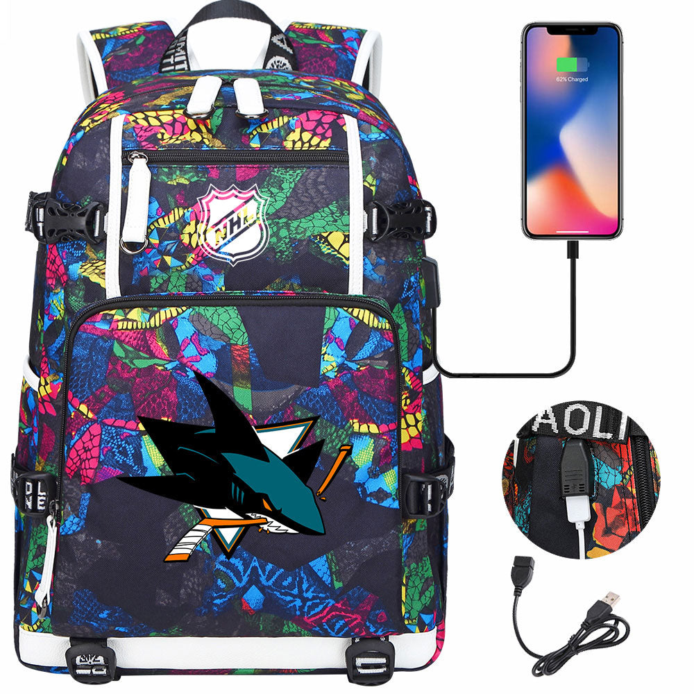 San Jose Sharks Hockey League USB Charging Backpack School Notebook Travel Bags