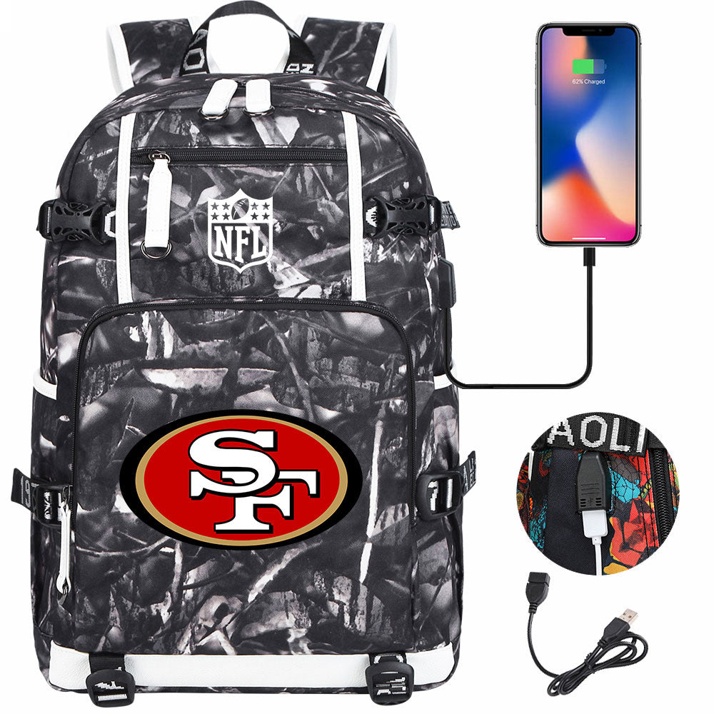 San Francisco 49ers Football Team USB Charging Backpack School Notebook Travel Bags