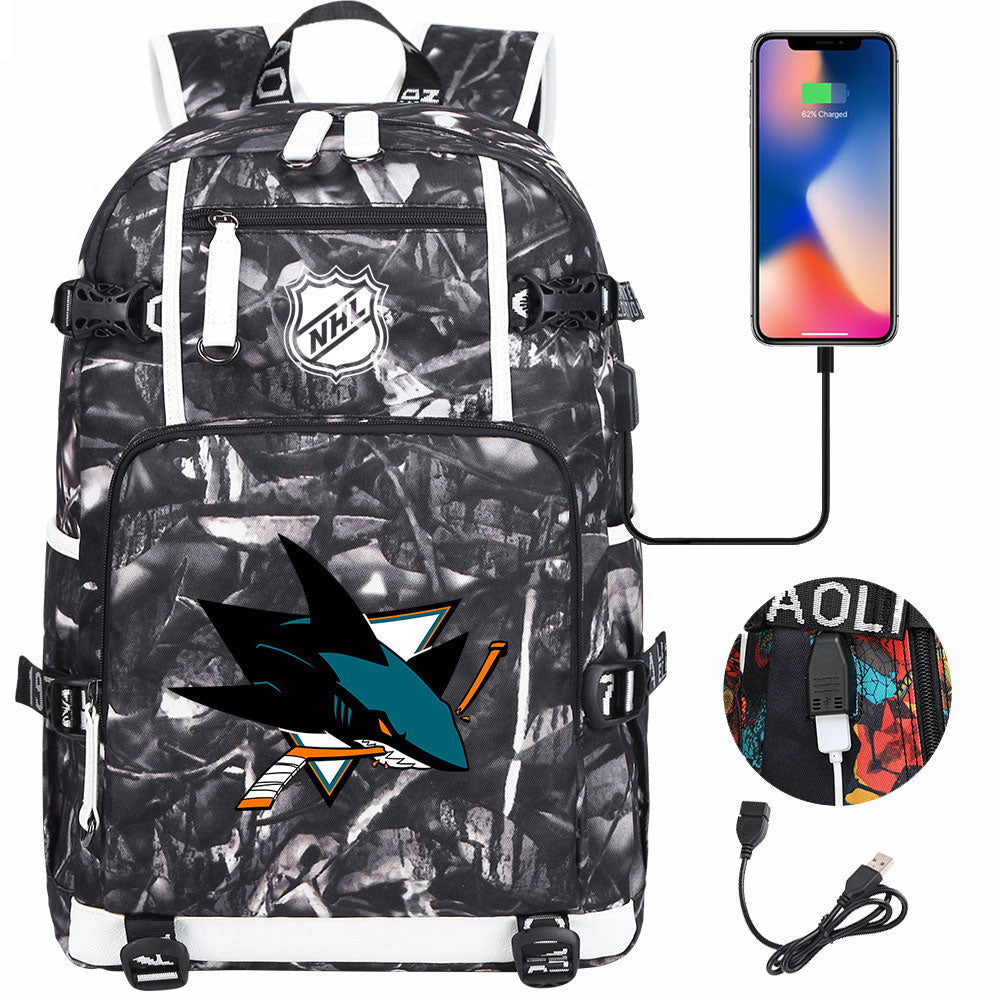 San Jose Sharks Hockey League USB Charging Backpack School Notebook Travel Bags