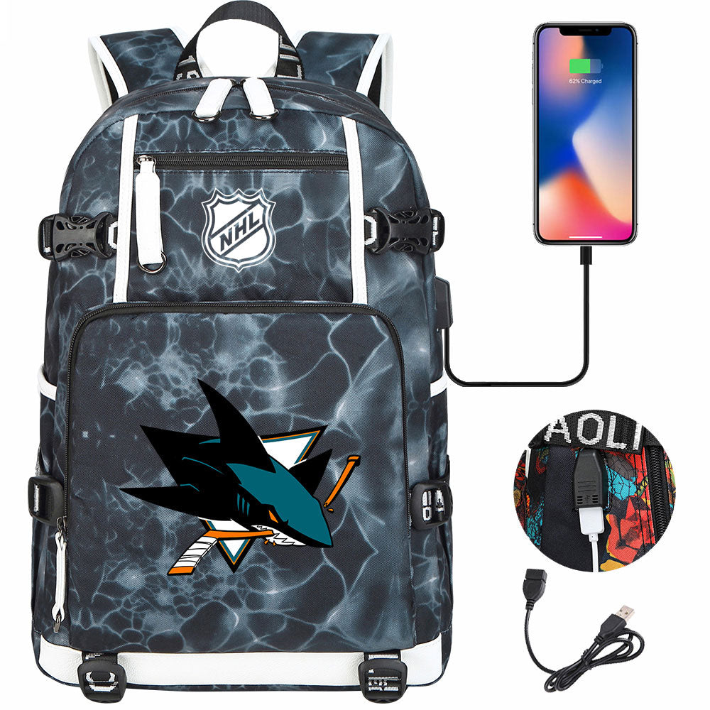 San Jose Sharks Hockey League USB Charging Backpack School Notebook Travel Bags