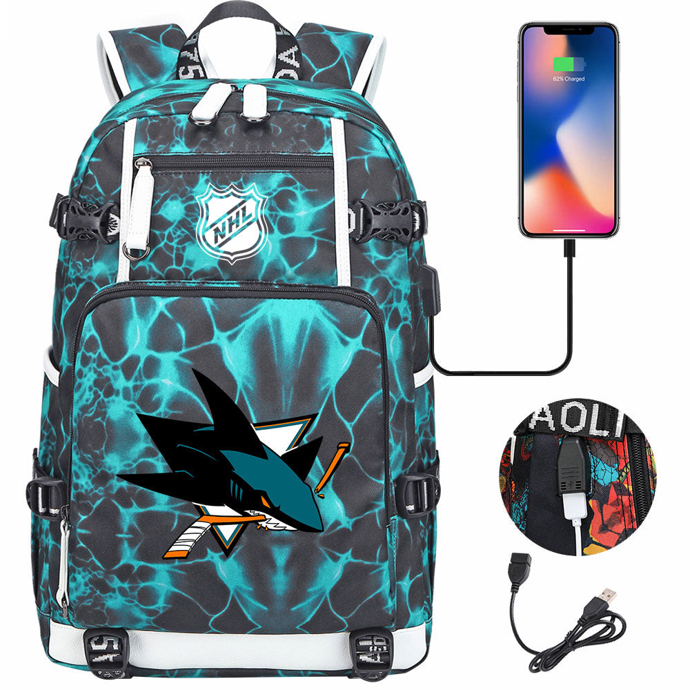 San Jose Sharks Hockey League USB Charging Backpack School Notebook Travel Bags