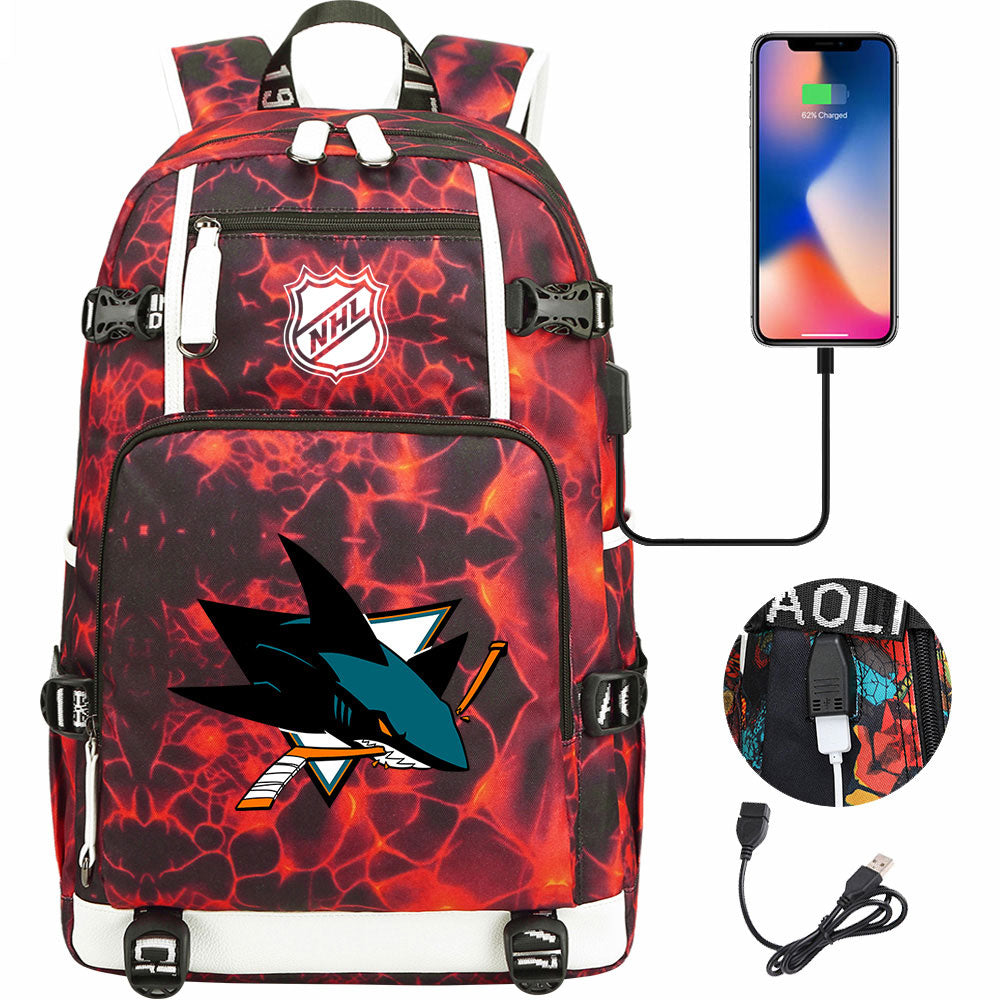 San Jose Sharks Hockey League USB Charging Backpack School Notebook Travel Bags