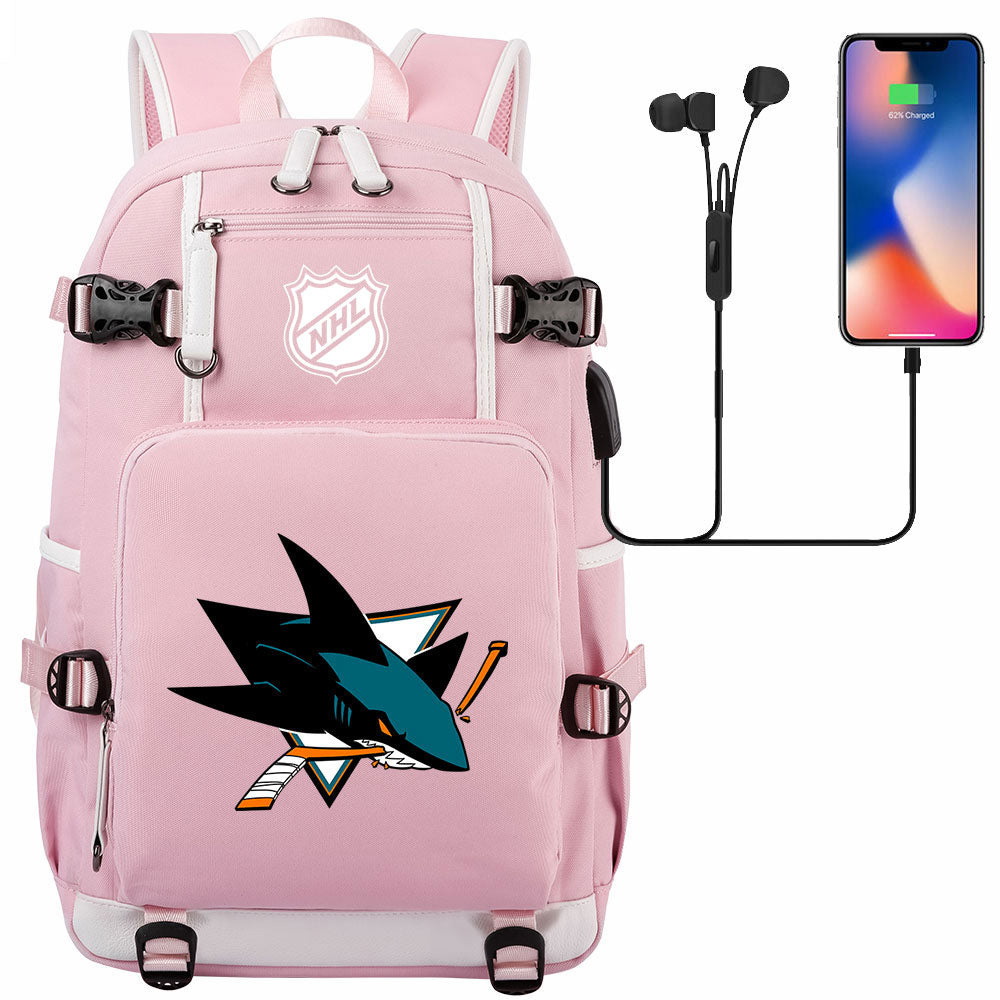 San Jose Sharks Hockey League USB Charging Backpack School Notebook Travel Bags