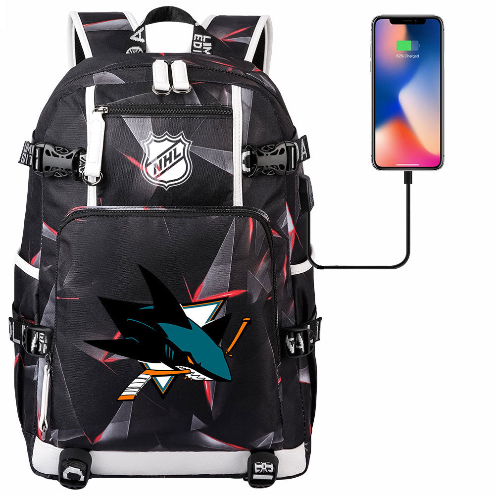 San Jose Sharks Hockey League USB Charging Backpack School Notebook Travel Bags