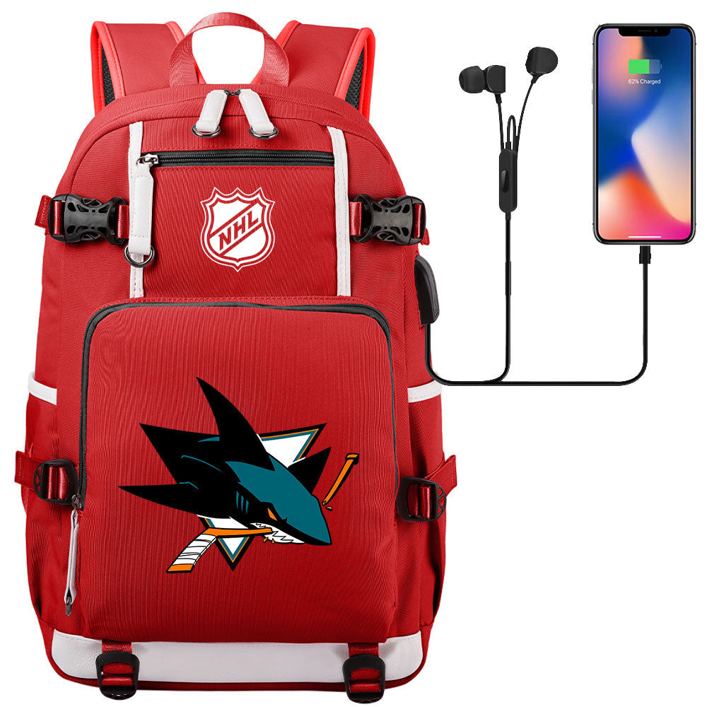 San Jose Sharks Hockey League USB Charging Backpack School Notebook Travel Bags