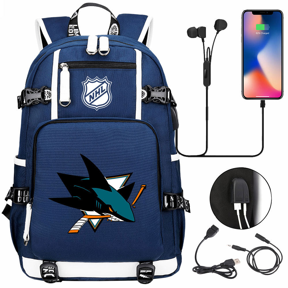 San Jose Sharks Hockey League USB Charging Backpack School Notebook Travel Bags