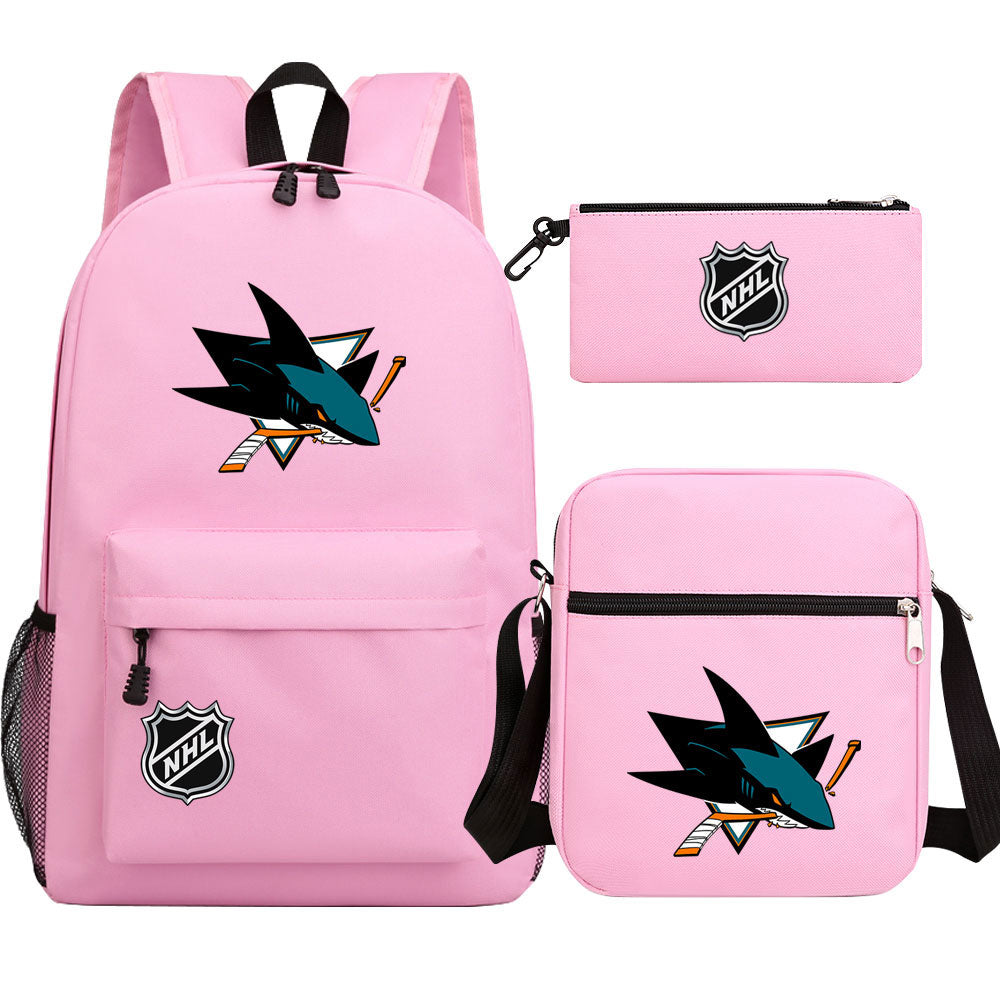 San Jose Sharks Hockey League Printed Schoolbag Backpack Shoulder Bag Pencil Bag 3pcs set for Kids Students