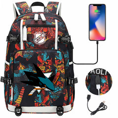 San Jose Sharks Hockey League USB Charging Backpack School Notebook Travel Bags