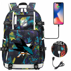 San Jose Sharks Hockey League USB Charging Backpack School Notebook Travel Bags