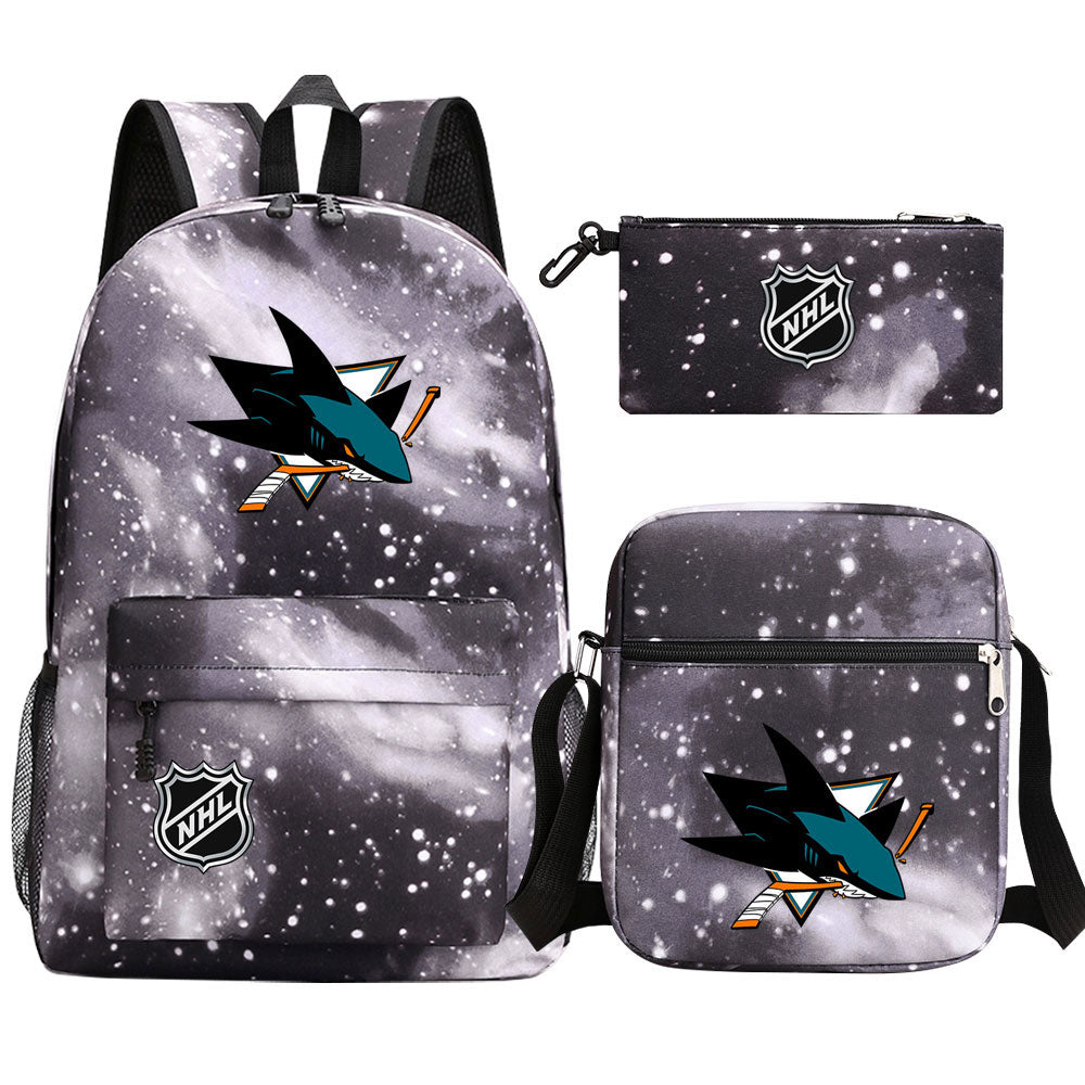 San Jose Sharks Hockey League Printed Schoolbag Backpack Shoulder Bag Pencil Bag 3pcs set for Kids Students