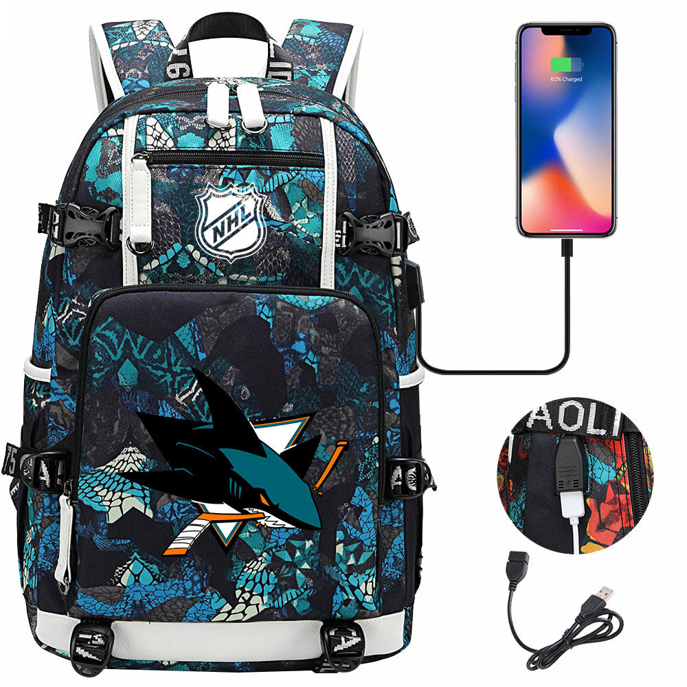 San Jose Sharks Hockey League USB Charging Backpack School Notebook Travel Bags