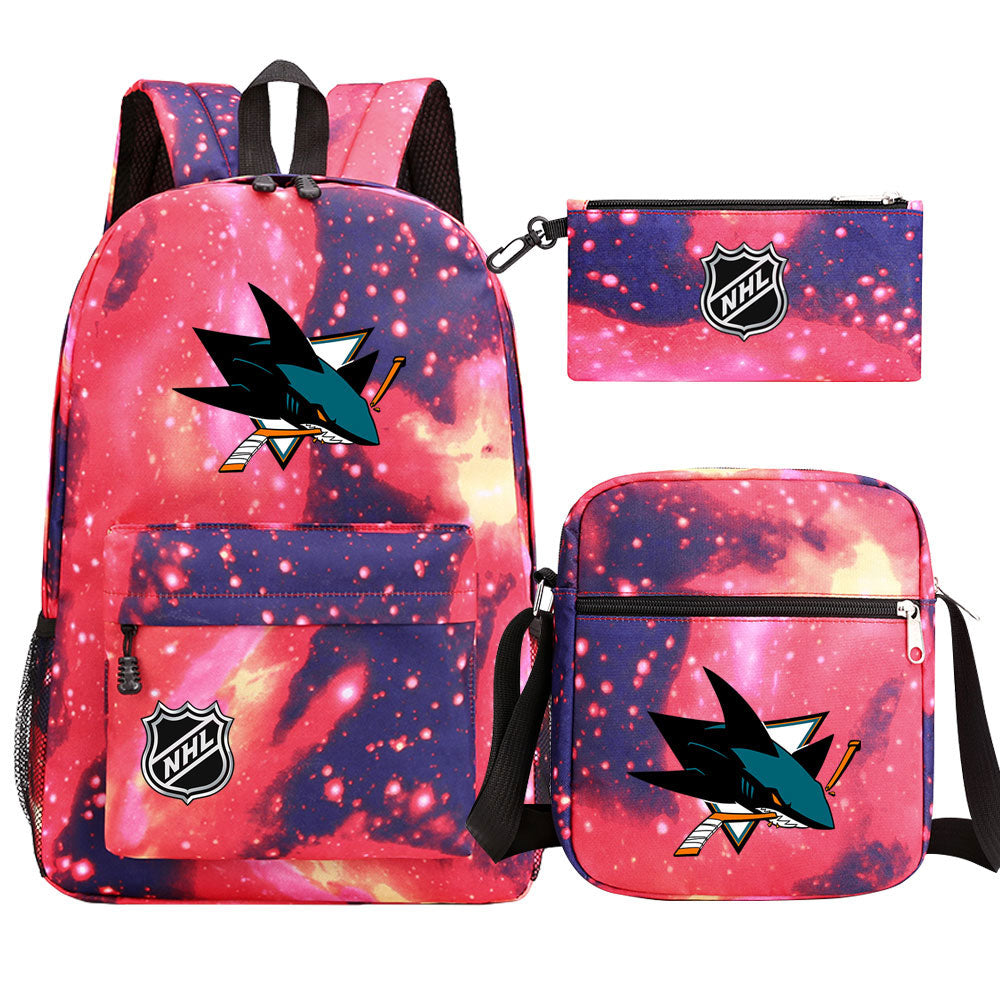 San Jose Sharks Hockey League Printed Schoolbag Backpack Shoulder Bag Pencil Bag 3pcs set for Kids Students