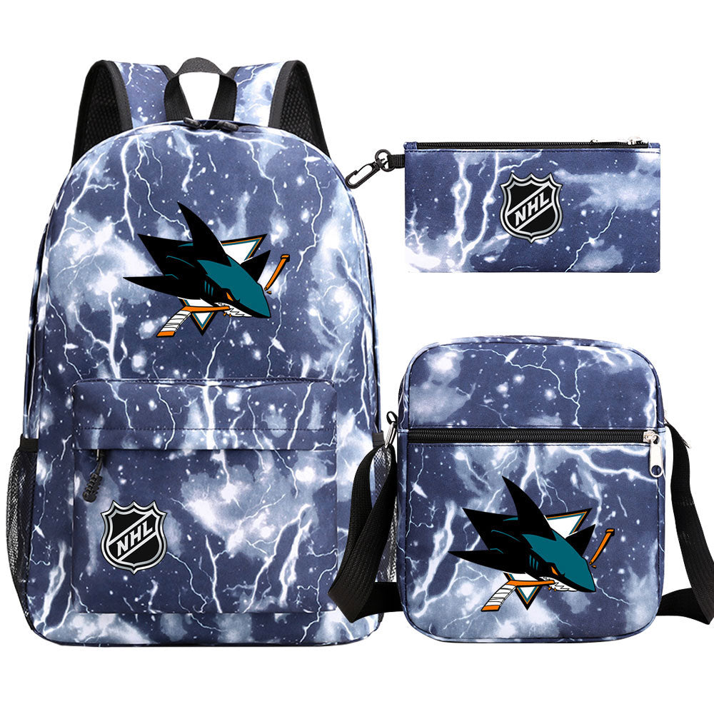 San Jose Sharks Hockey League Printed Schoolbag Backpack Shoulder Bag Pencil Bag 3pcs set for Kids Students