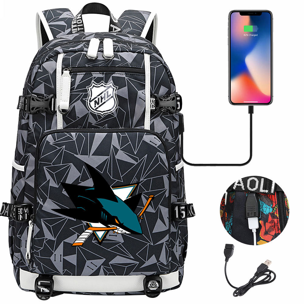 San Jose Sharks Hockey League USB Charging Backpack School Notebook Travel Bags