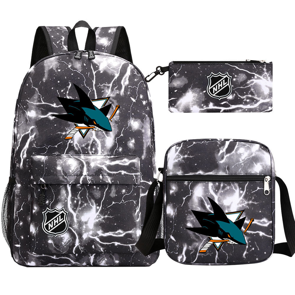 San Jose Sharks Hockey League Printed Schoolbag Backpack Shoulder Bag Pencil Bag 3pcs set for Kids Students