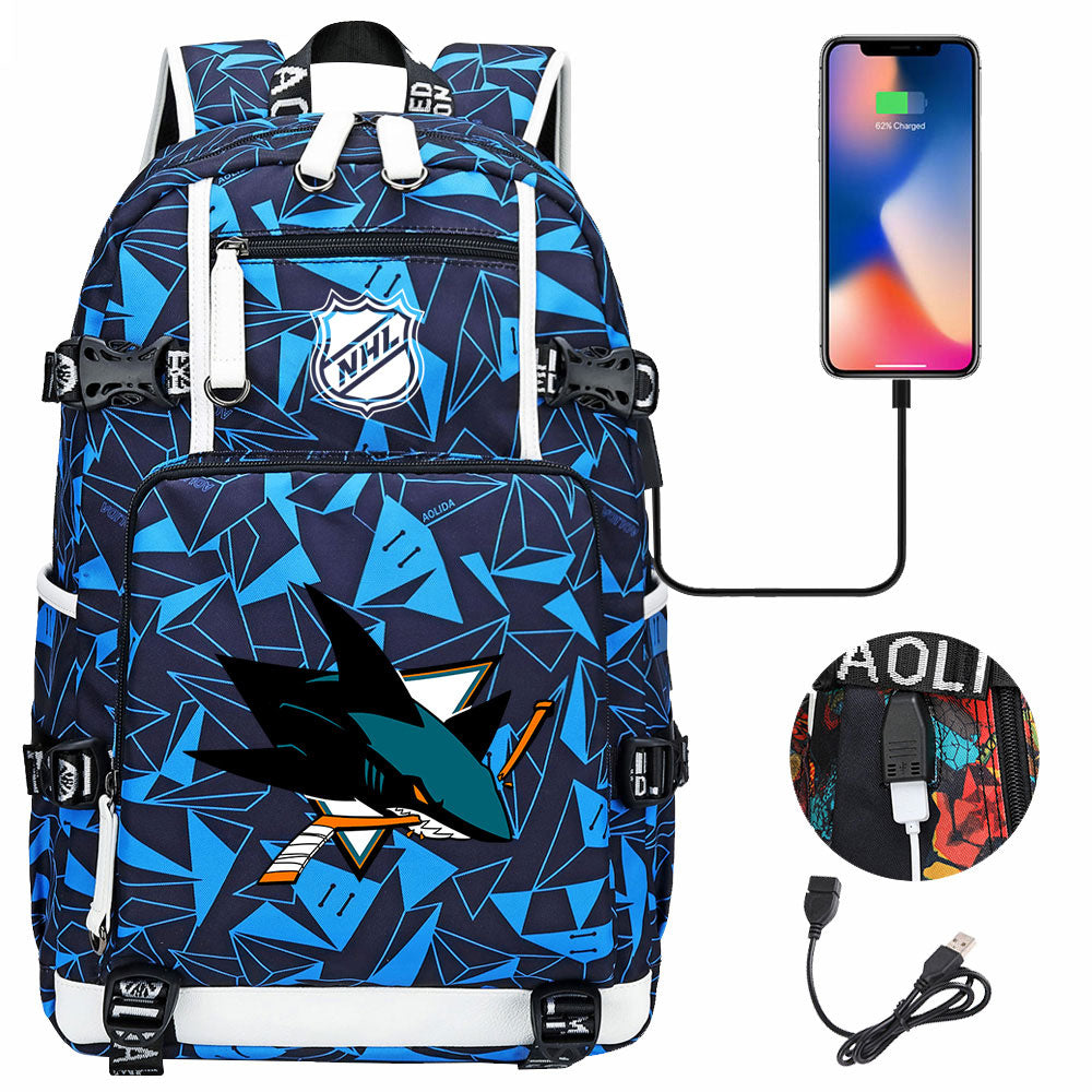 San Jose Sharks Hockey League USB Charging Backpack School Notebook Travel Bags