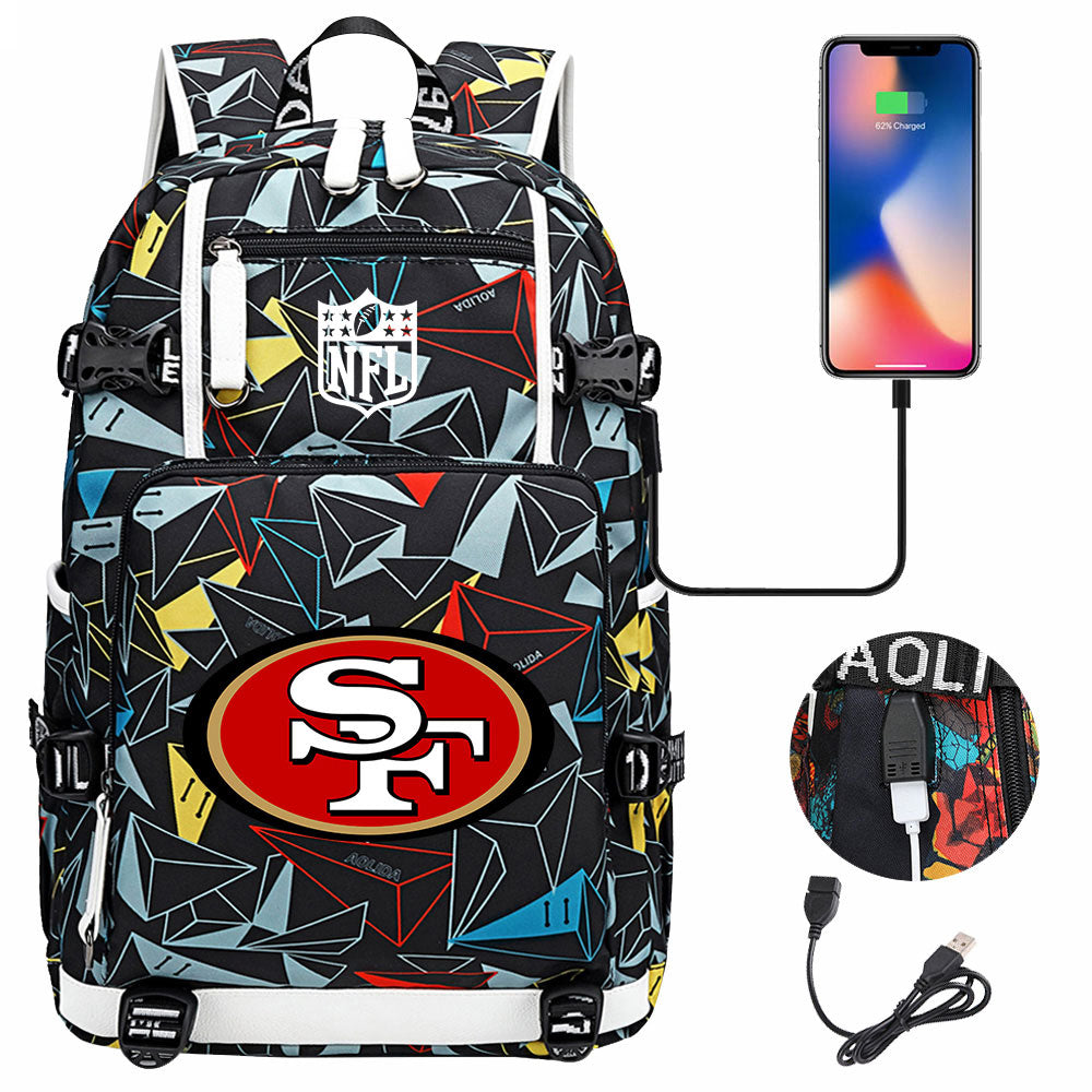 San Francisco 49ers Football Team USB Charging Backpack School Notebook Travel Bags