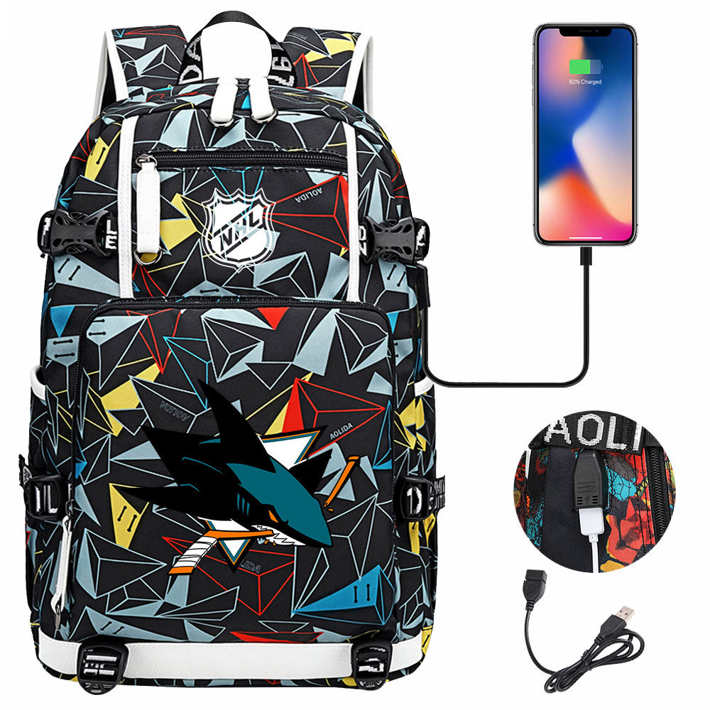 San Jose Sharks Hockey League USB Charging Backpack School Notebook Travel Bags