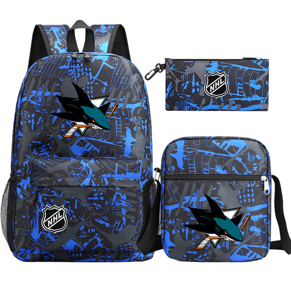 San Jose Sharks Hockey League Printed Schoolbag Backpack Shoulder Bag Pencil Bag 3pcs set for Kids Students