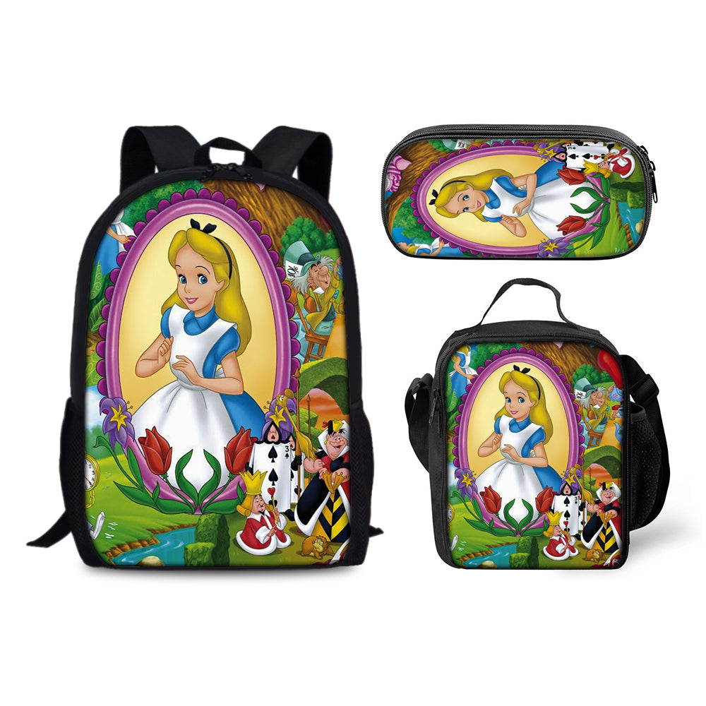 Alice Adventures in Wonderland Backpack Schoolbag Lunch Bag Pencil Bag for Kids Students 3PCS