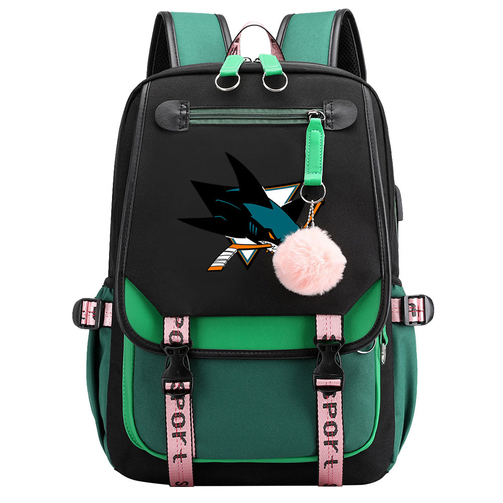 San Jose Sharks Hockey League Waterproof Backpack School Notebook Travel Bag USB Charging