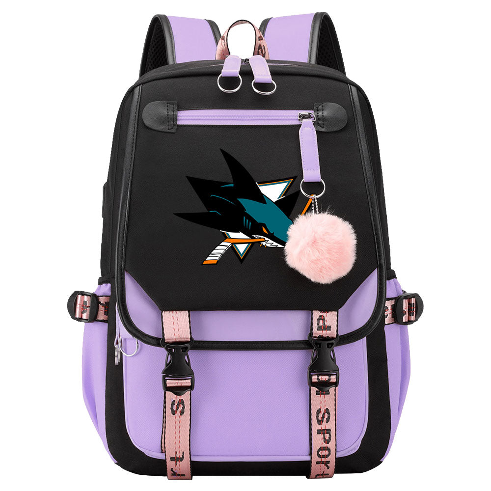 San Jose Sharks Hockey League Waterproof Backpack School Notebook Travel Bag USB Charging