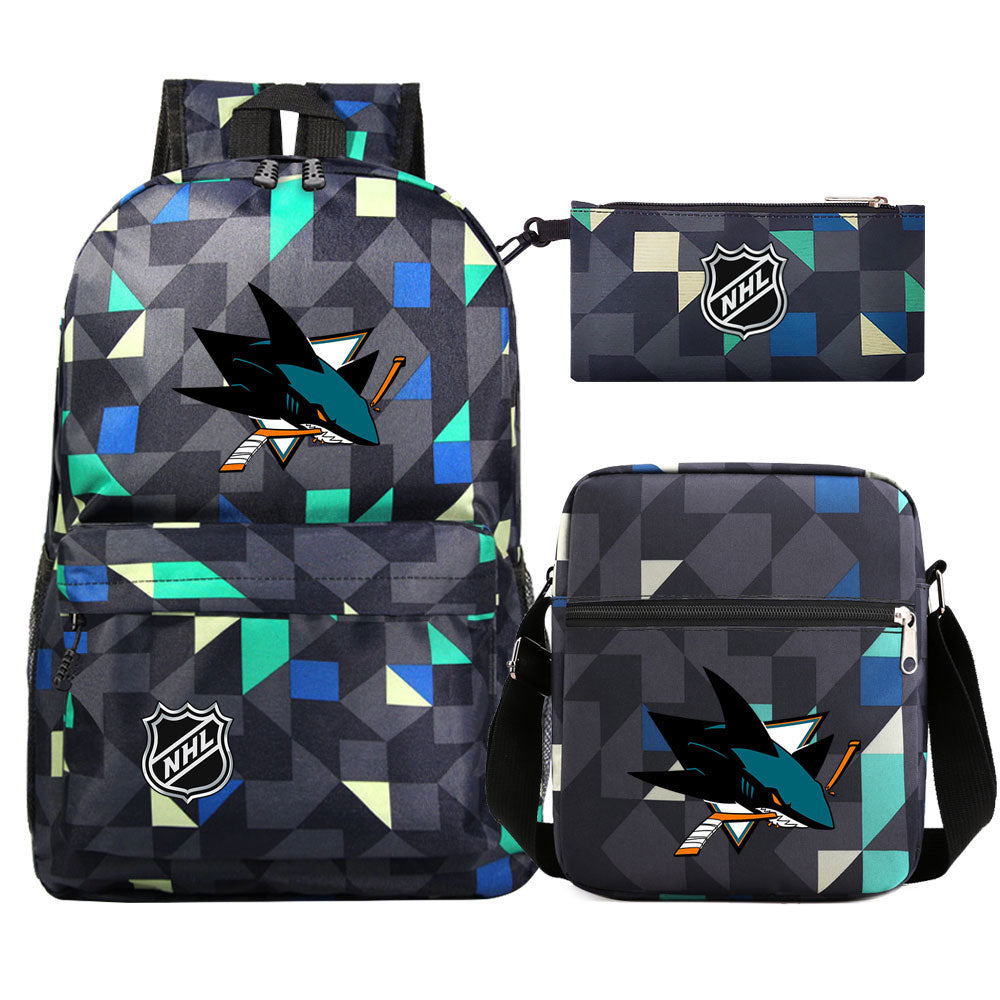 San Jose Sharks Hockey League Printed Schoolbag Backpack Shoulder Bag Pencil Bag 3pcs set for Kids Students