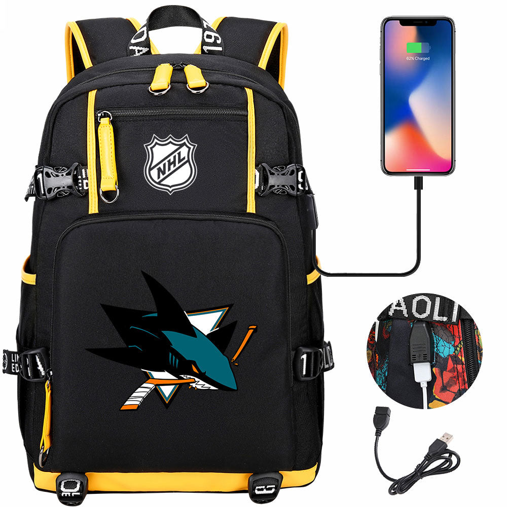 San Jose Sharks Hockey League USB Charging Backpack School Notebook Travel Bags