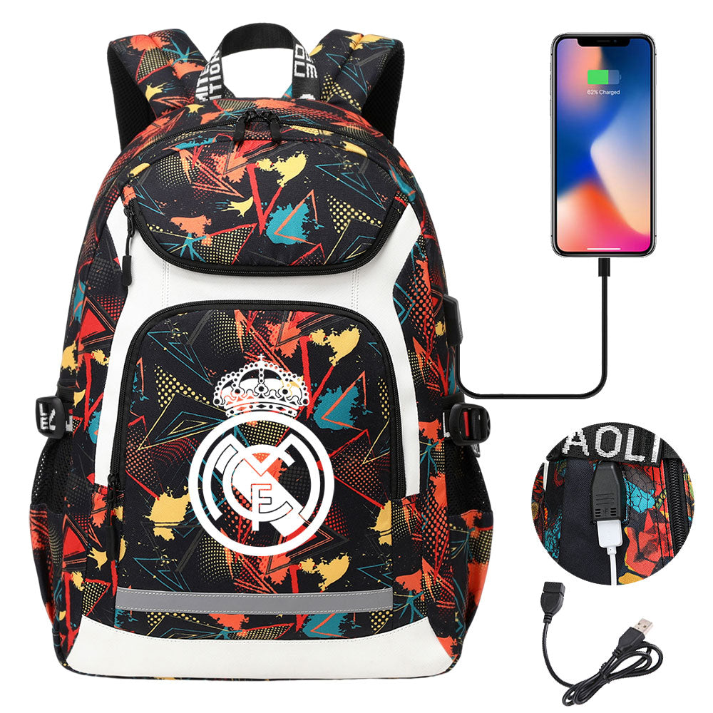 Real Madrid Football Club USB Charging Backpack School Notebook Travel Bags