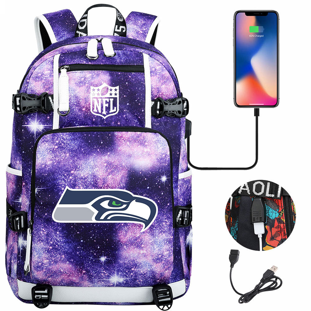 Seattle Seahawks Football Team USB Charging Backpack School Notebook Travel Bags