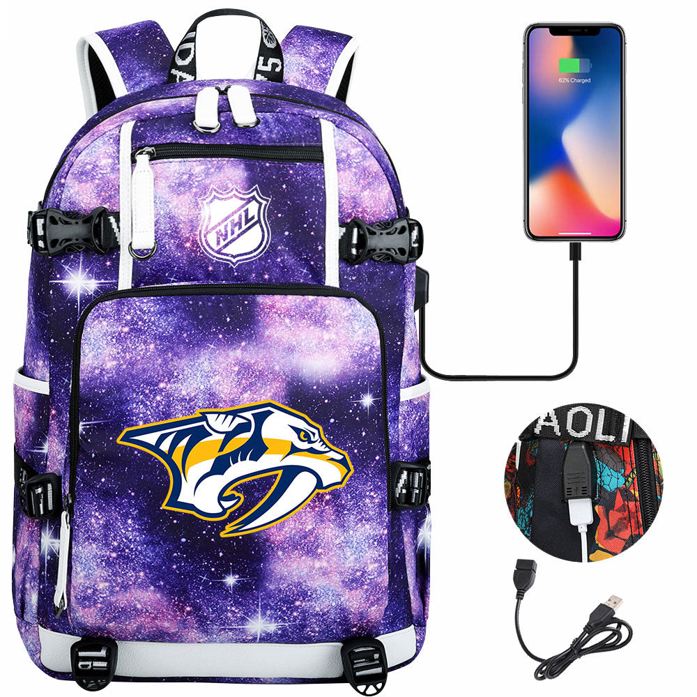 Nashville Predators Hockey League USB Charging Backpack School Notebook Travel Bags