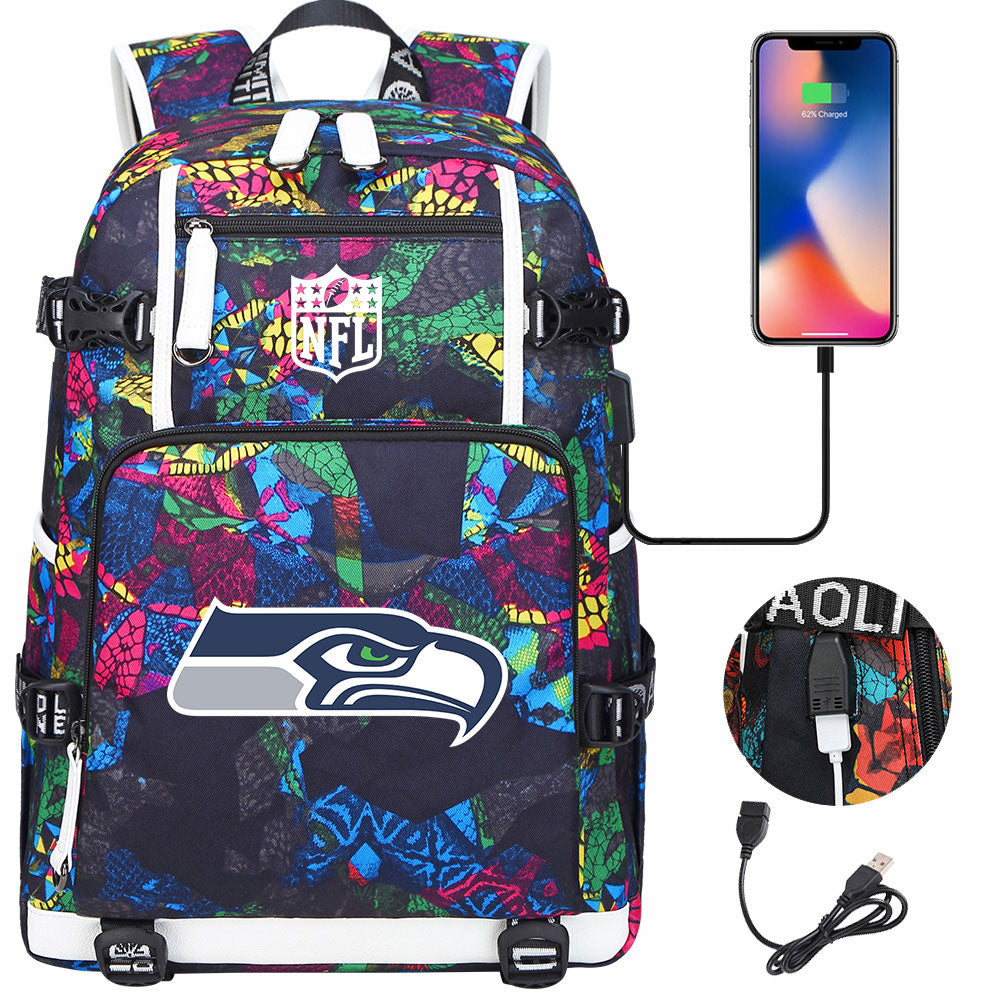 Seattle Seahawks Football Team USB Charging Backpack School Notebook Travel Bags