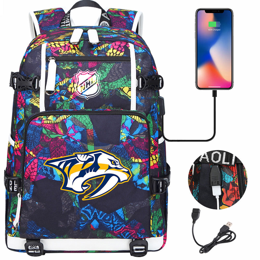 Nashville Predators Hockey League USB Charging Backpack School Notebook Travel Bags