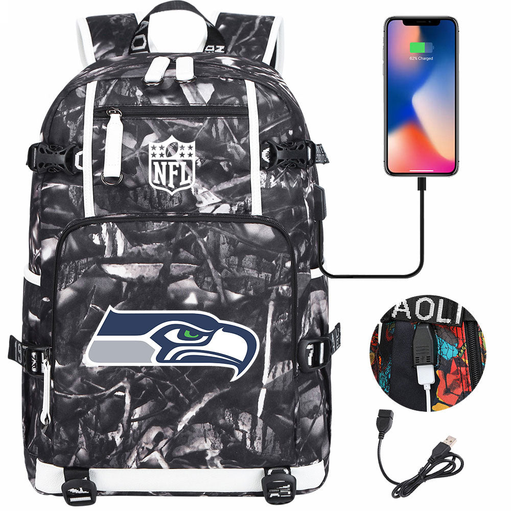 Seattle Seahawks Football Team USB Charging Backpack School Notebook Travel Bags