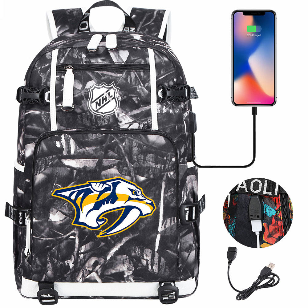 Nashville Predators Hockey League USB Charging Backpack School Notebook Travel Bags