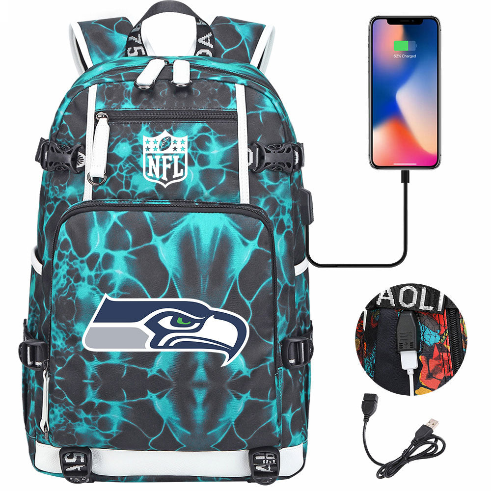 Seattle Seahawks Football Team USB Charging Backpack School Notebook Travel Bags