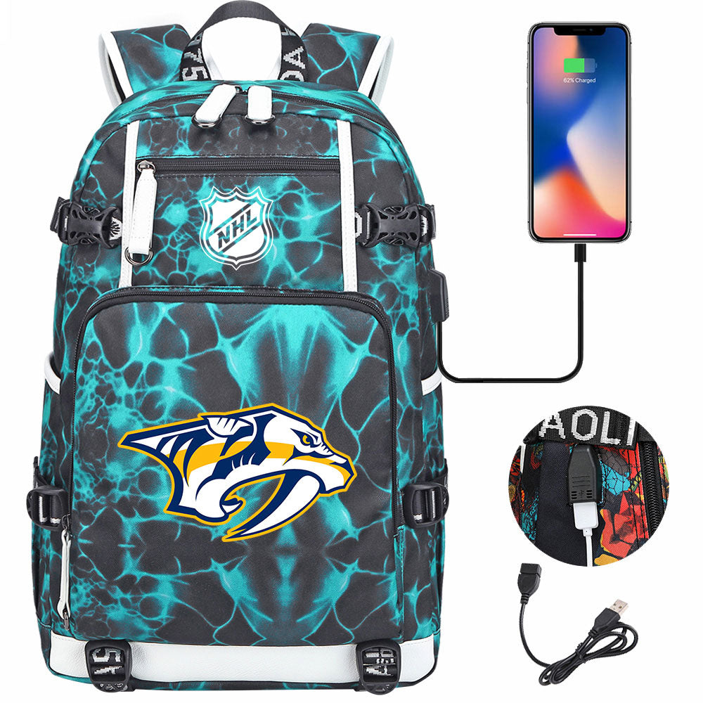 Nashville Predators Hockey League USB Charging Backpack School Notebook Travel Bags