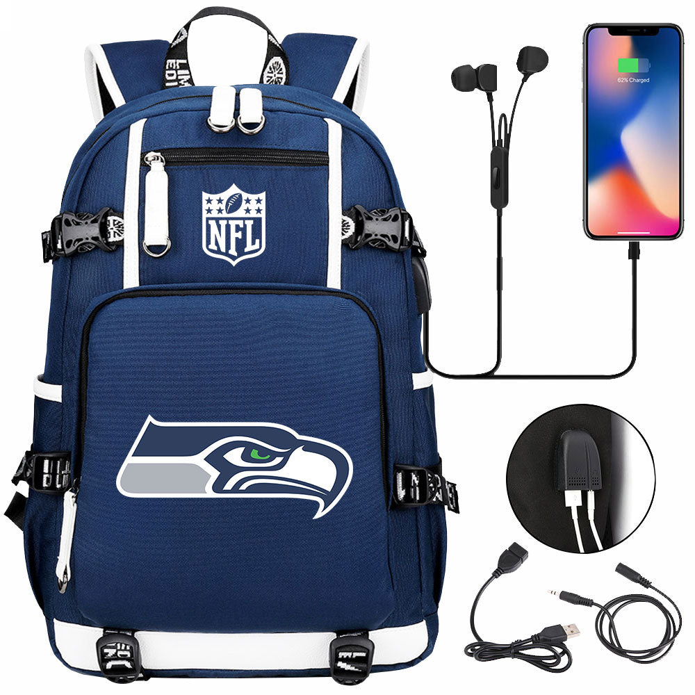 Seattle Seahawks Football Team USB Charging Backpack School Notebook Travel Bags