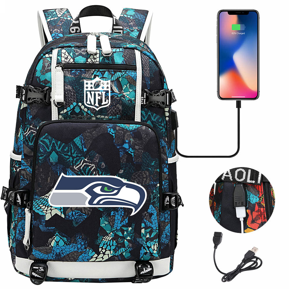 Seattle Seahawks Football Team USB Charging Backpack School Notebook Travel Bags