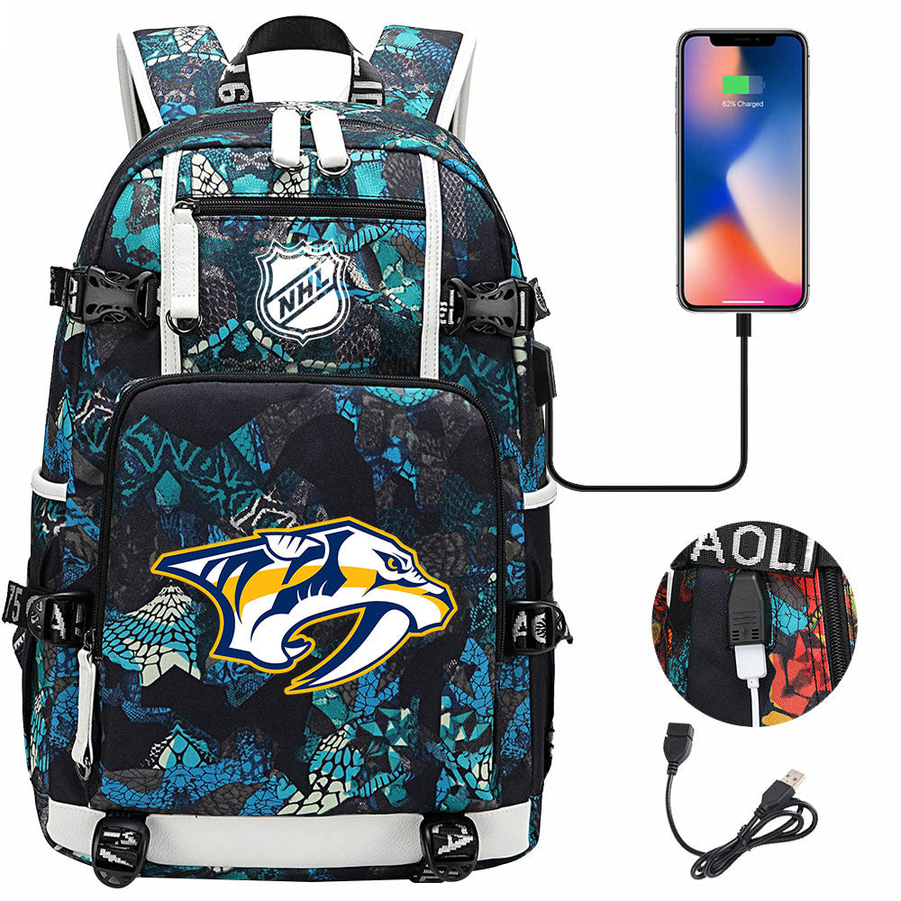 Nashville Predators Hockey League USB Charging Backpack School Notebook Travel Bags