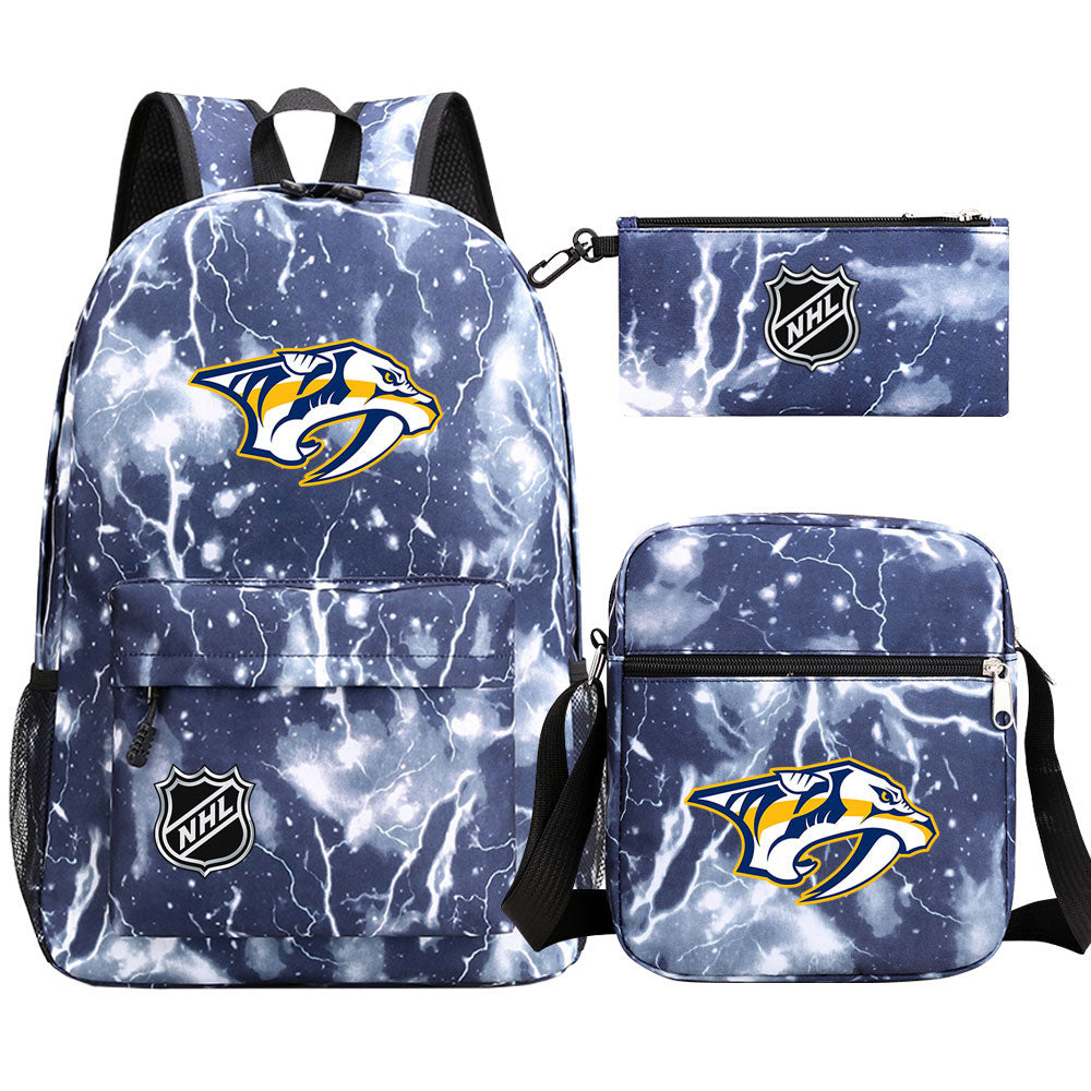 Nashville Predators Hockey League Printed Schoolbag Backpack Shoulder Bag Pencil Bag 3pcs set for Kids Students