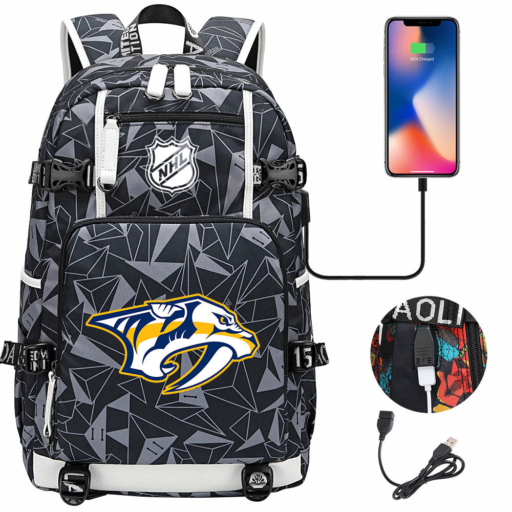 Nashville Predators Hockey League USB Charging Backpack School Notebook Travel Bags